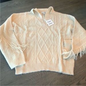 NWT Davi & Dani Fringed-sleeve collared V-neck sweater